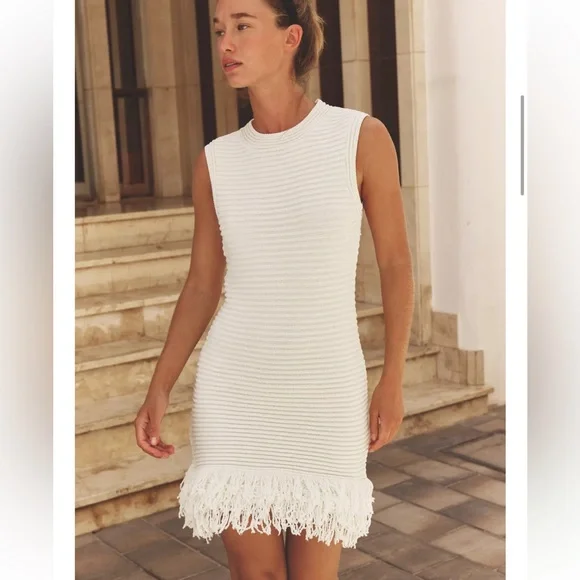 NWOT Zara CHECK KNIT FRINGED DRESS Textured Coverup Wedding Bachelorette Bridal - Picture 2 of 8